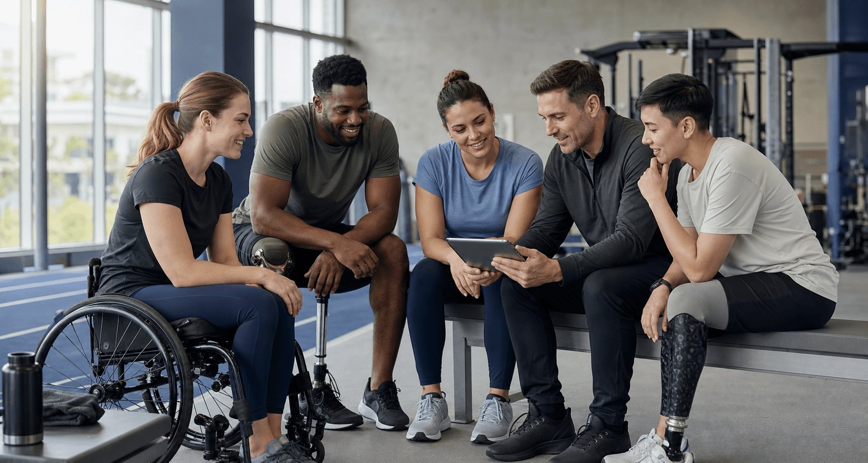 A coach and a diverse group of para athletes reviewing training together on a tablet.
