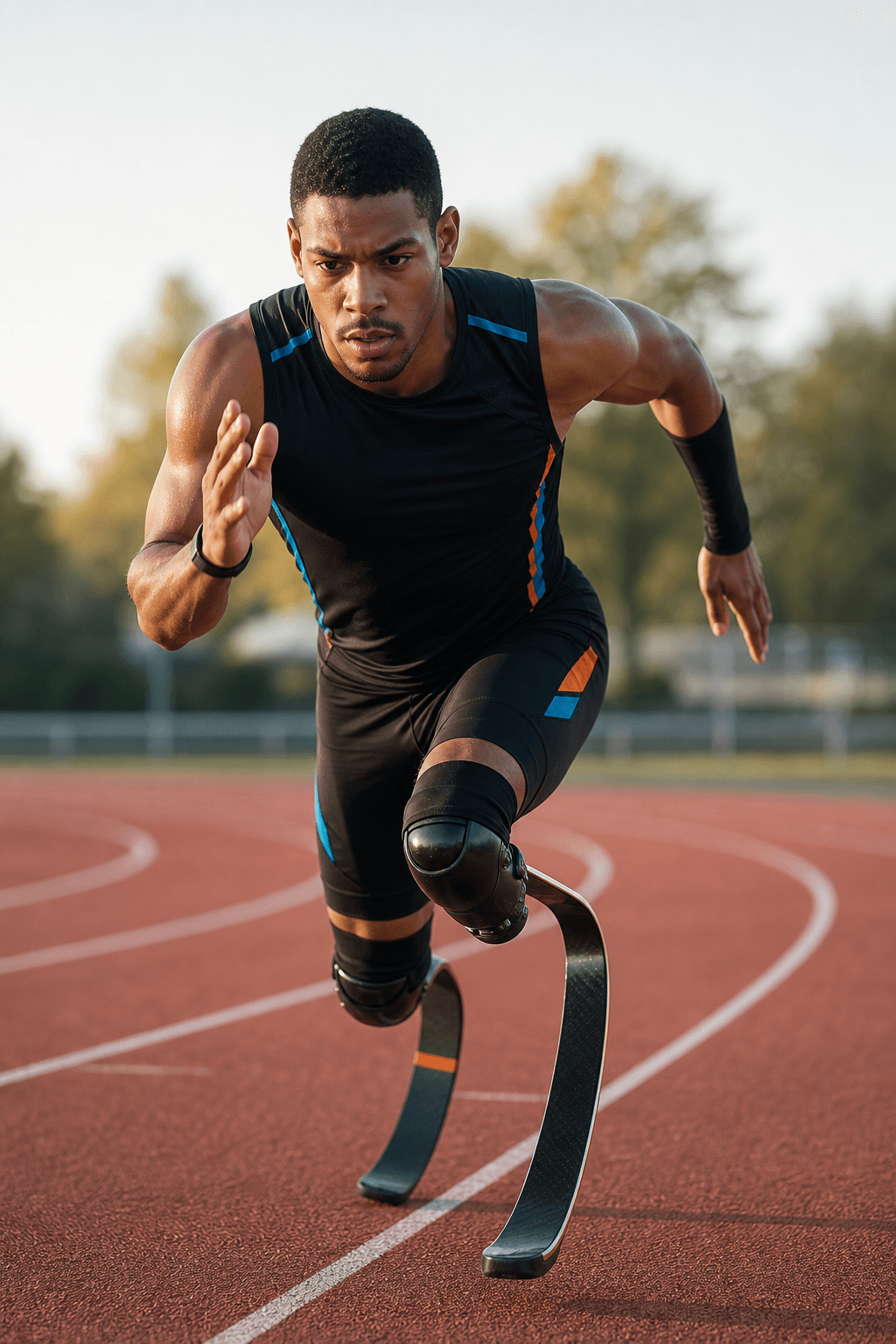 A para-sprinter driving down the track at full effort.