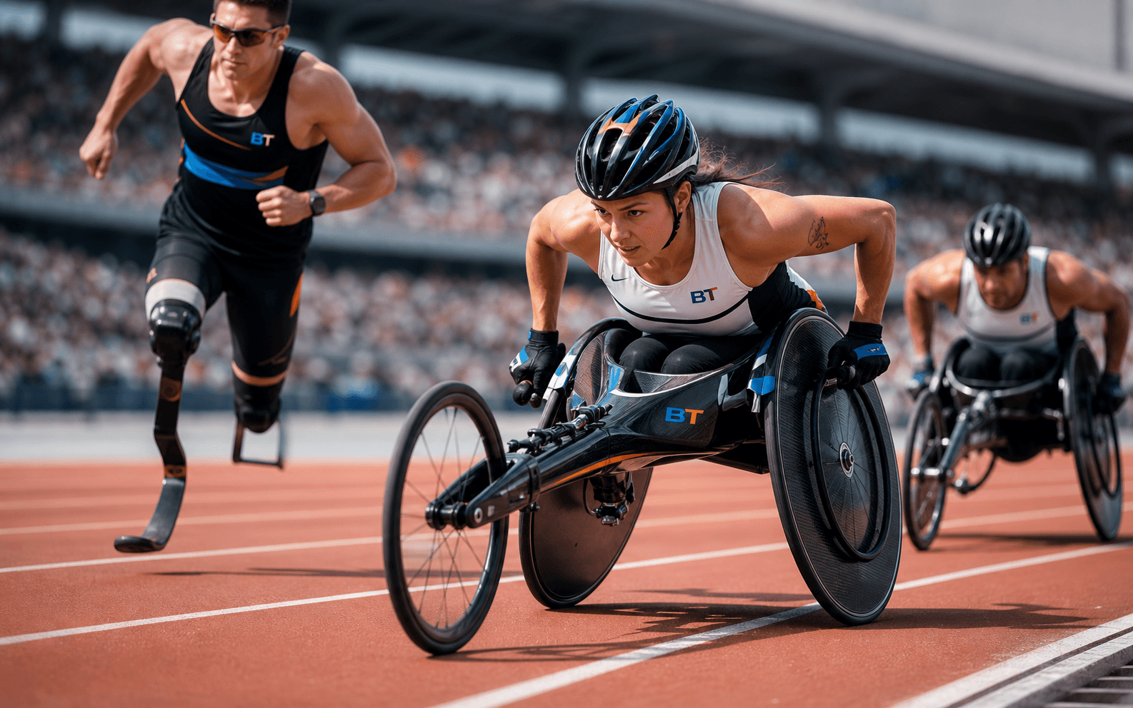 Para-athletes racing at full effort in a stadium.