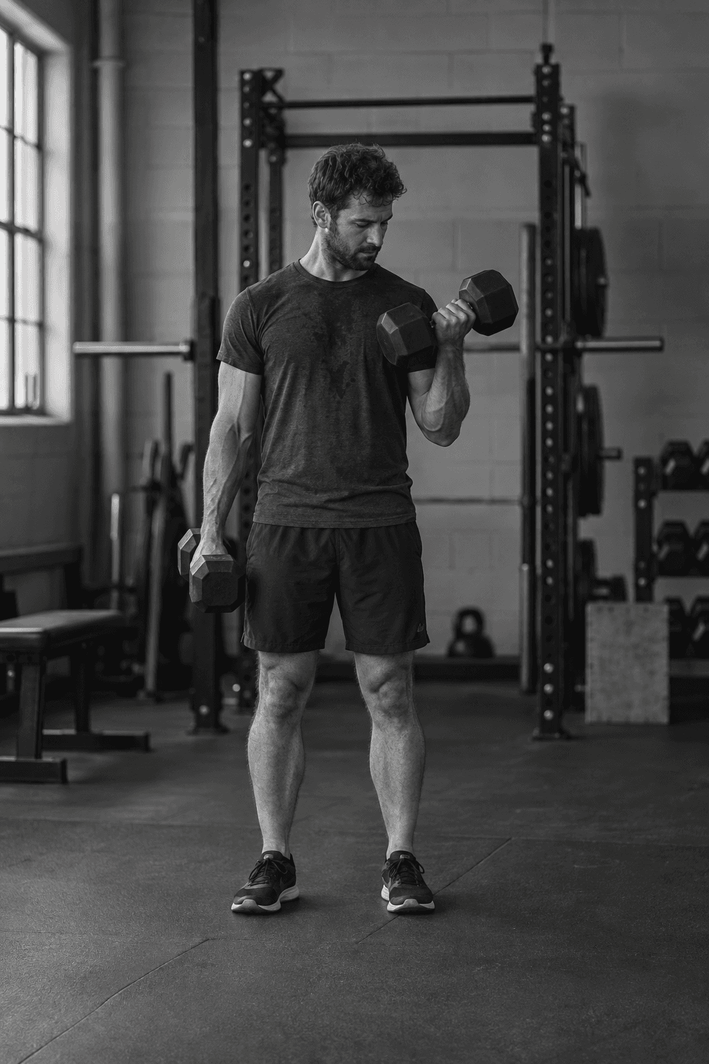 Athlete training with dumbbells in a gym
