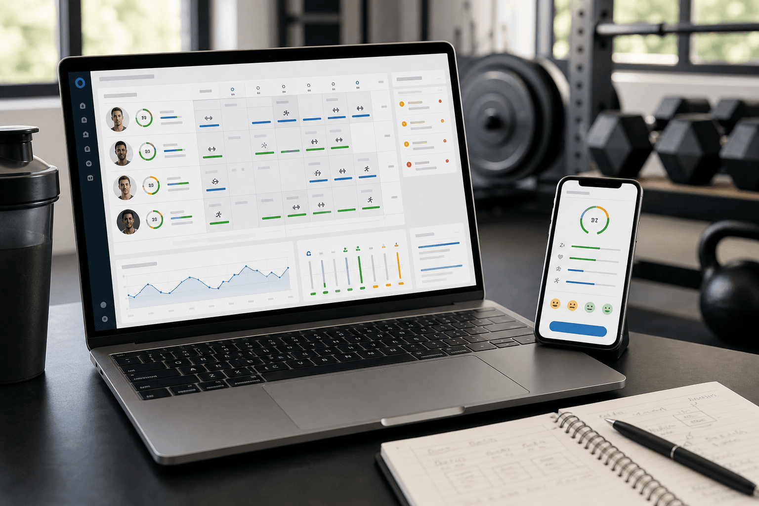 AI-generated laptop and phone showing Built Twice coach and athlete dashboards in a training workspace.